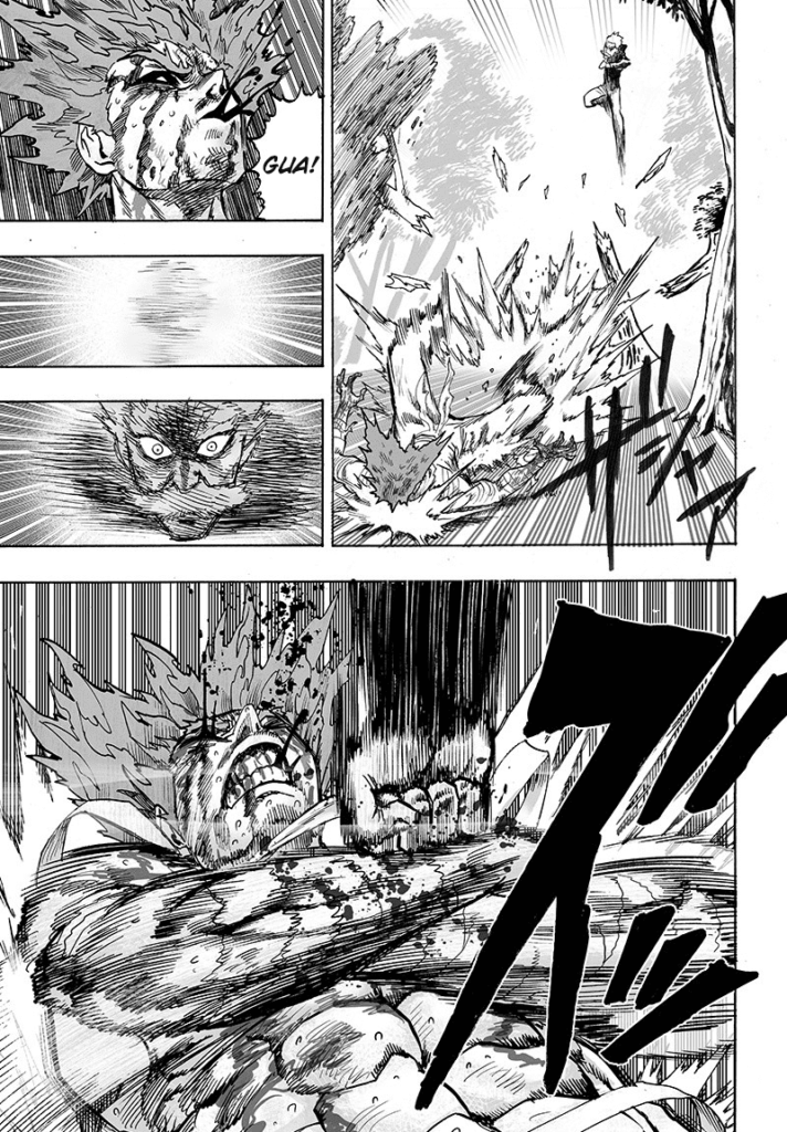 Garou spits blood as he crashes into the trees, and Bang follows up with another punch in the chest.