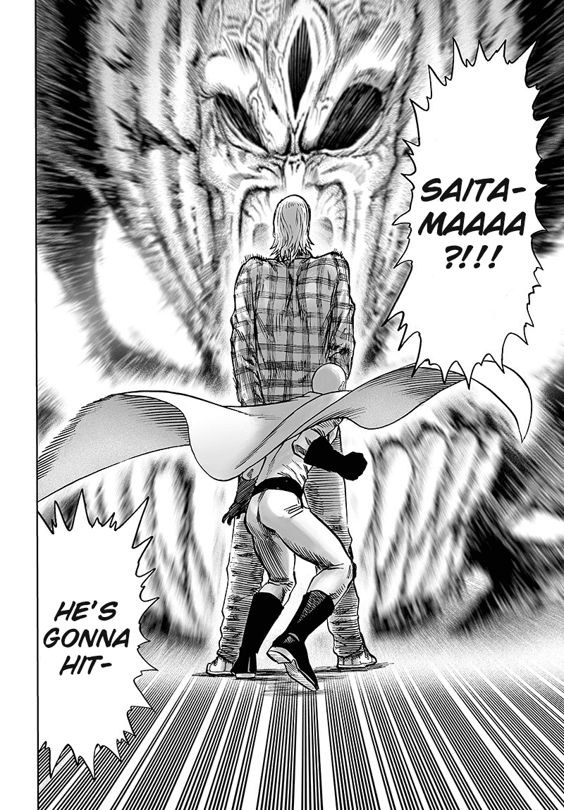 The huge face of Elder Centipede gets very close to King. Saitama crouches behind King to attack the monster.