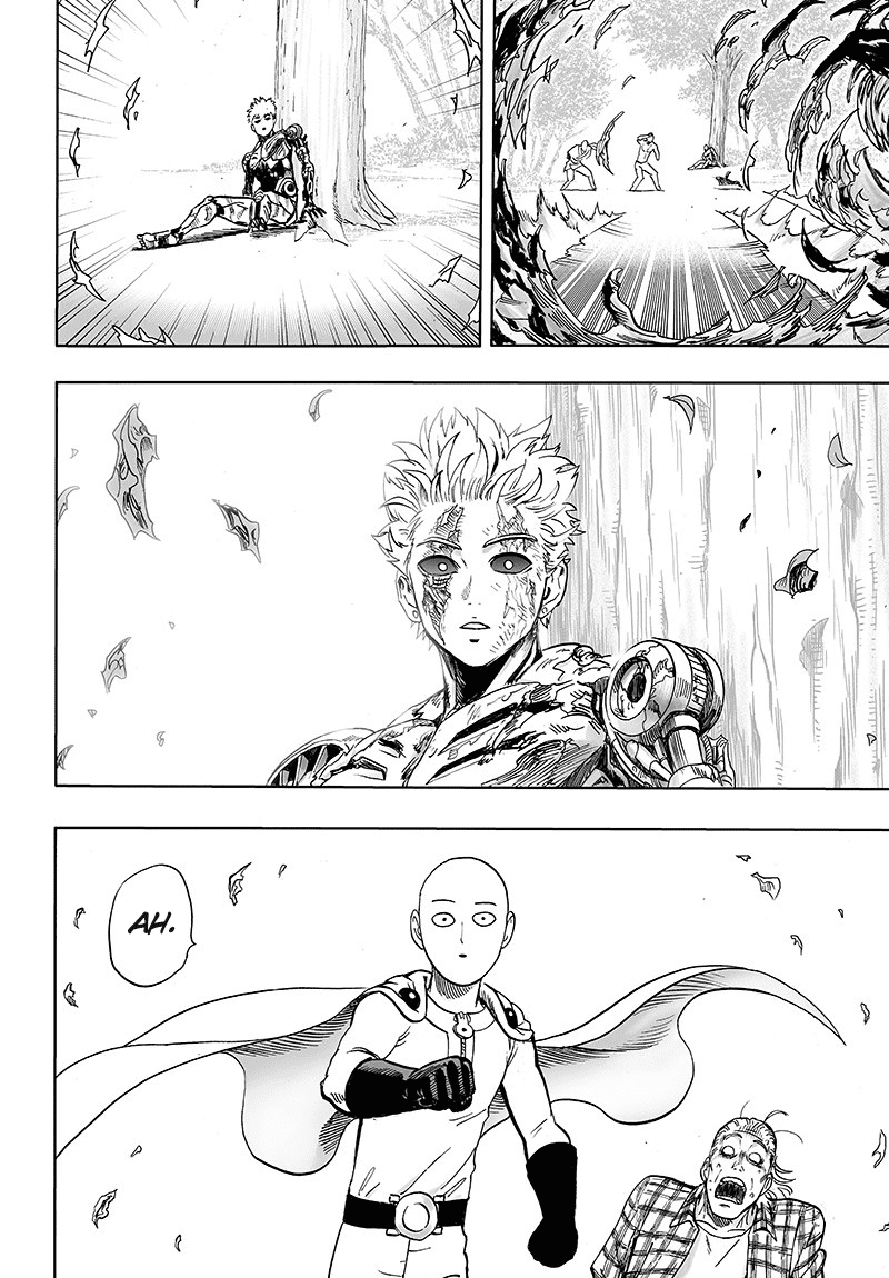 Genos sees Saitama after the body of Elder Centipede starts disintegrating due to Saitama's single punch.