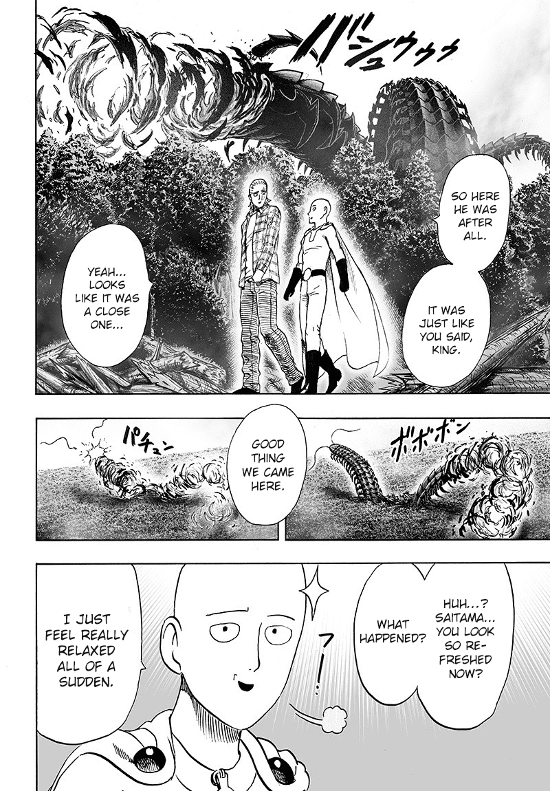 King and Saitama walk towards Genos while the rest of the body of Elder Centipede gets annihilated.