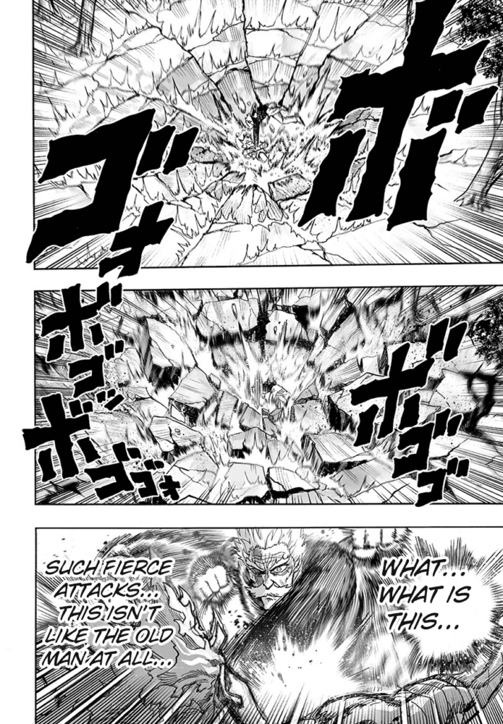 The ground behind Garou breaks as Bang fiercely attacks him.