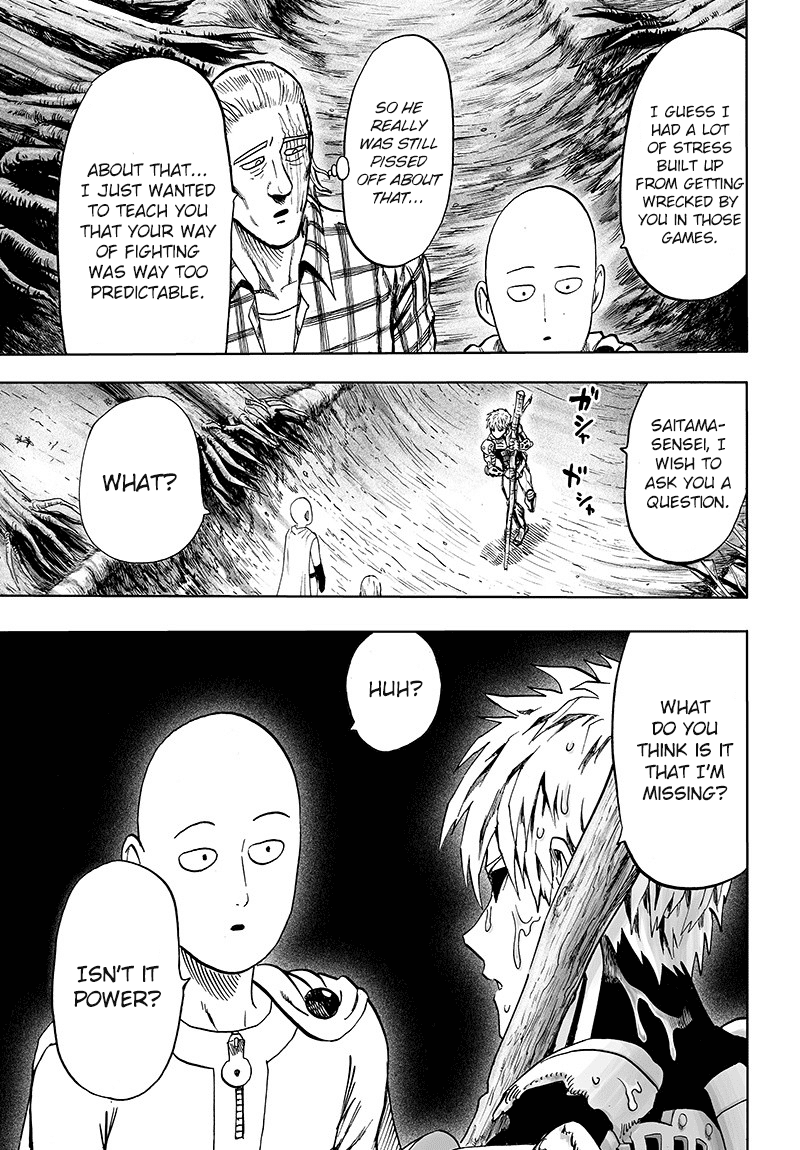 Genos, walking with a stick, approaches Saitama and asks him what he's missing.