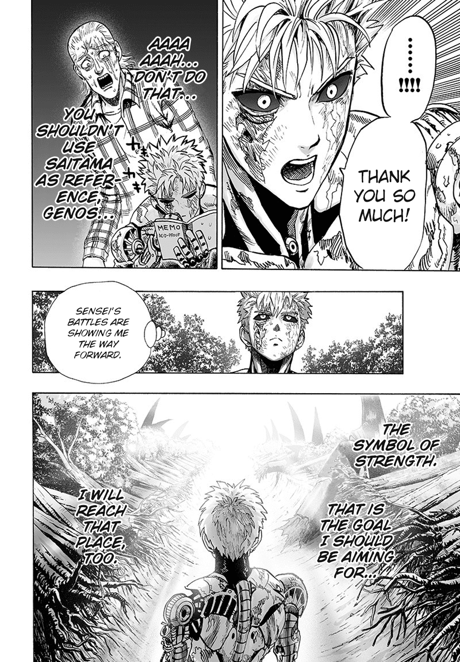 Genos is thankful and writes it down in his notebook. He watches the destructed body of Elder Centipede.