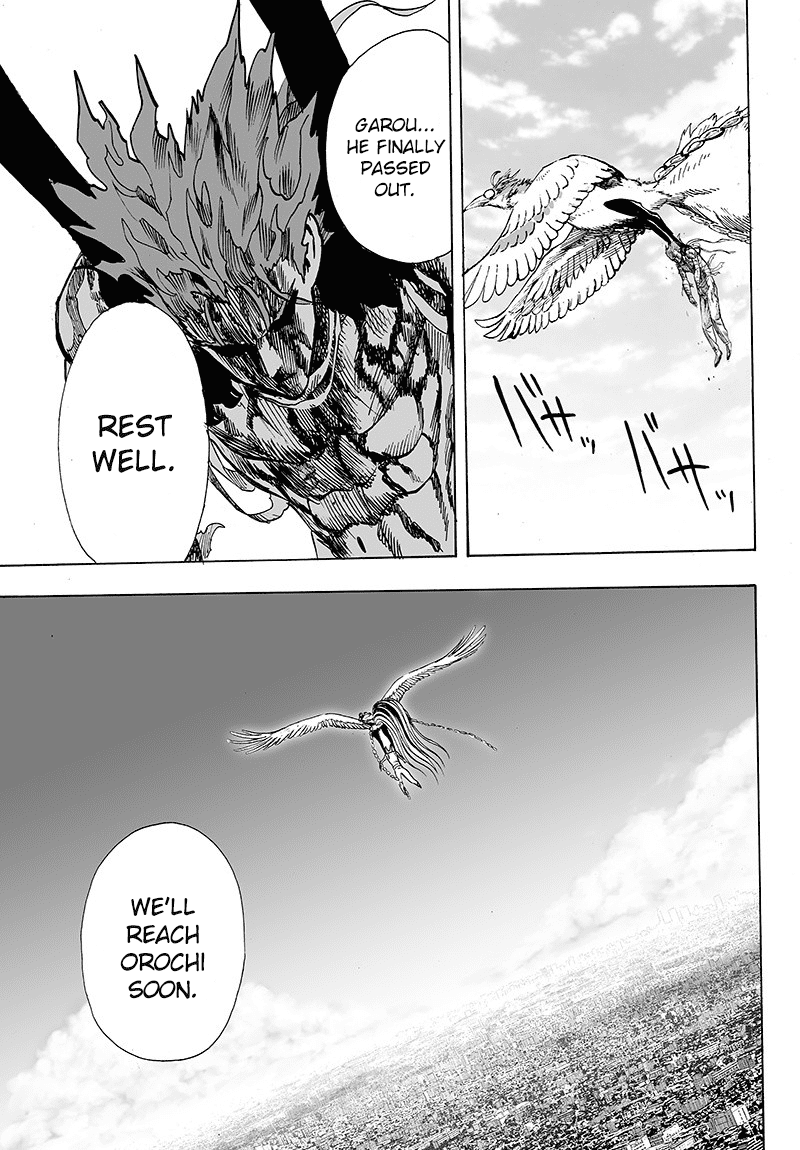 Cut to the scene, Garou passes out while the monster bird carries him up in the air to their base.