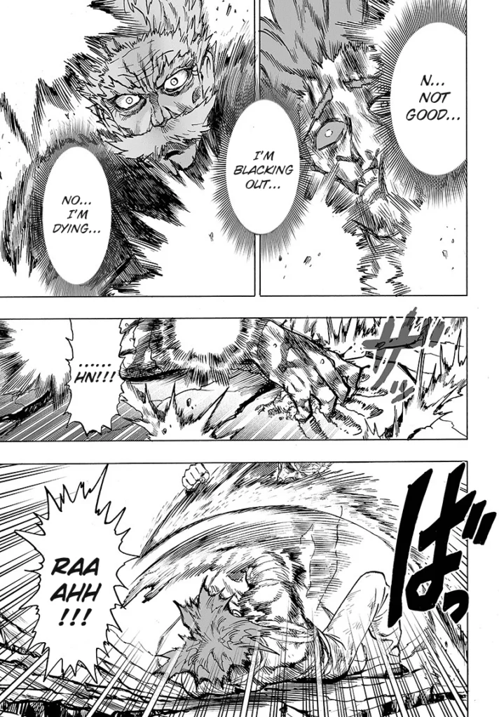 Garou starts blacking out while getting punched, but he grabs sand and throws it to Bang.