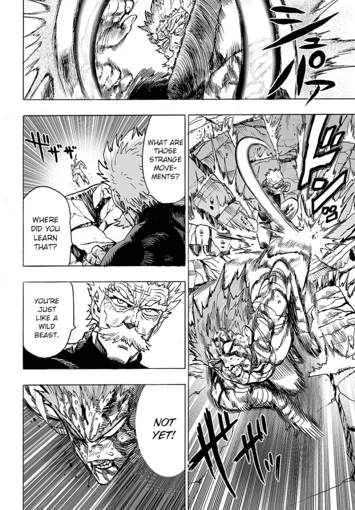 Bang punches Garou and sends him flying outside the cracked ground. He tries to escape.