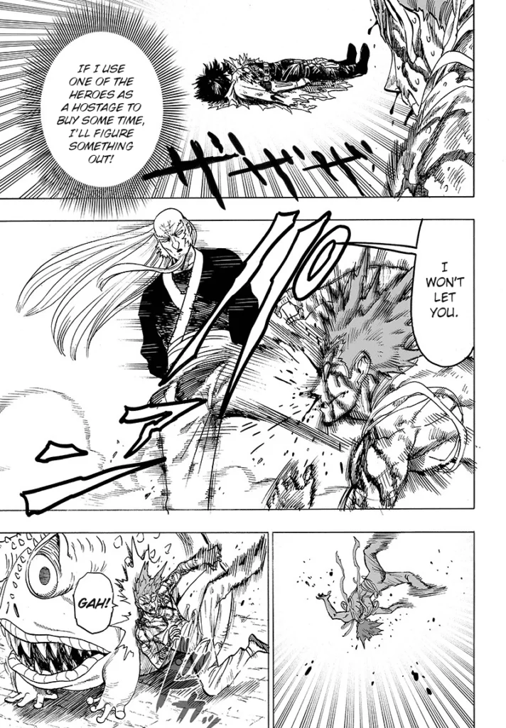 Garou sees the unconscious hero, Death Gatling, and plans to take him hostage, but Bomb kicks him away.