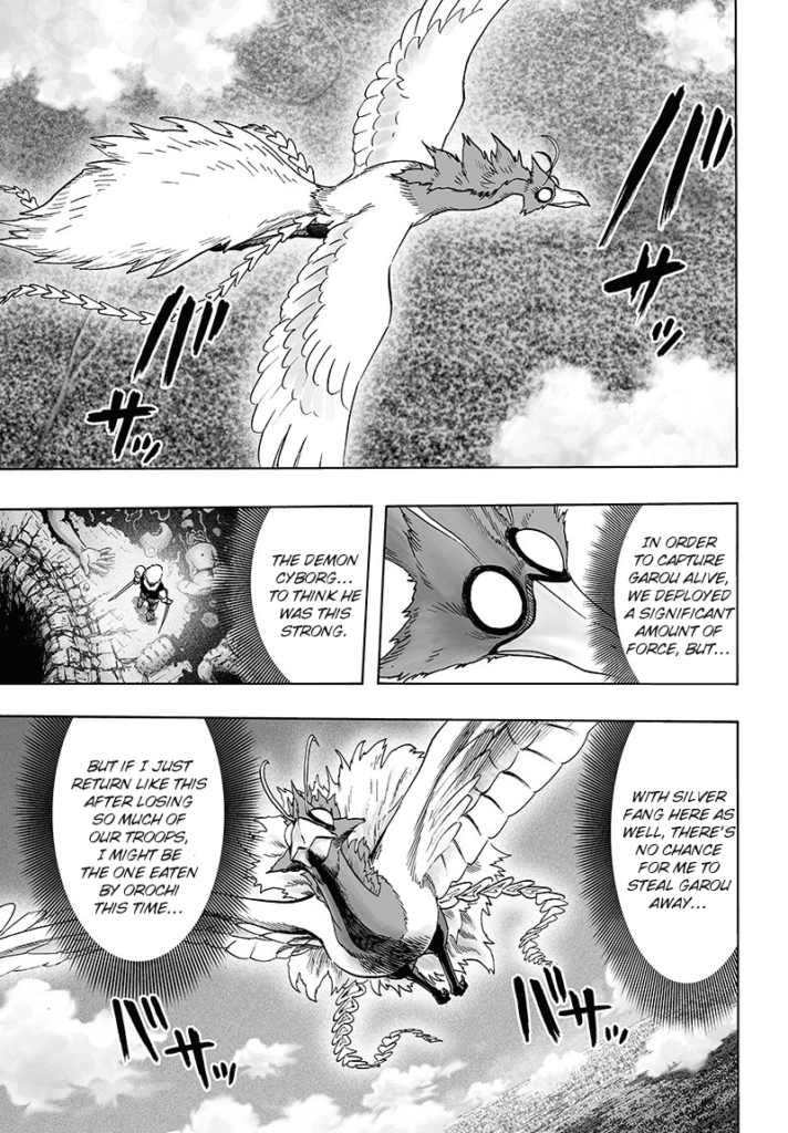 Another monster flies above the forest, watching the fight, hoping to rescue Garou against Bang and Genos.