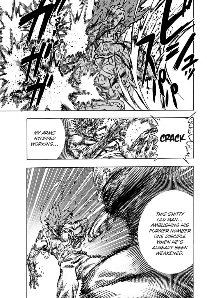 Garou defends against the onslaught of attacks from Bang.