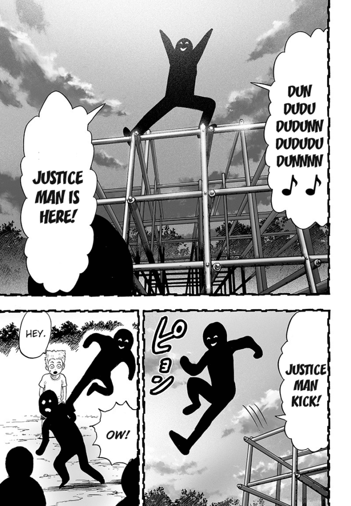 Garou watches his friend kick another friend as they play Justiceman.