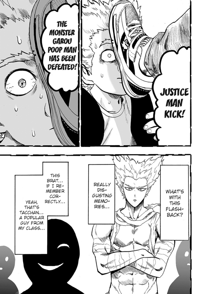 Young Garou gets hit by a shoe, and his older self appears in that memory.