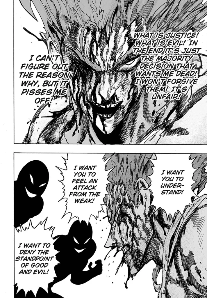 Back to the present, Garou is now bathing in more blood. His right eye is bleeding and shut.