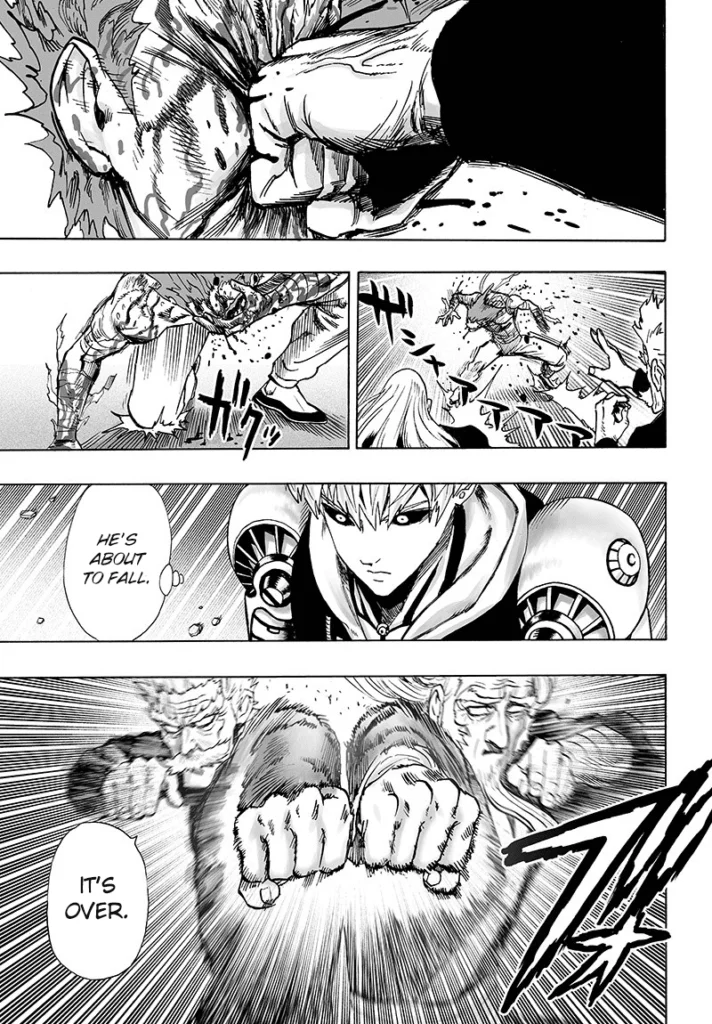 Garou receives a punch in the face. Genos watches as Bang and Bomb attacks Garou with a double punch.