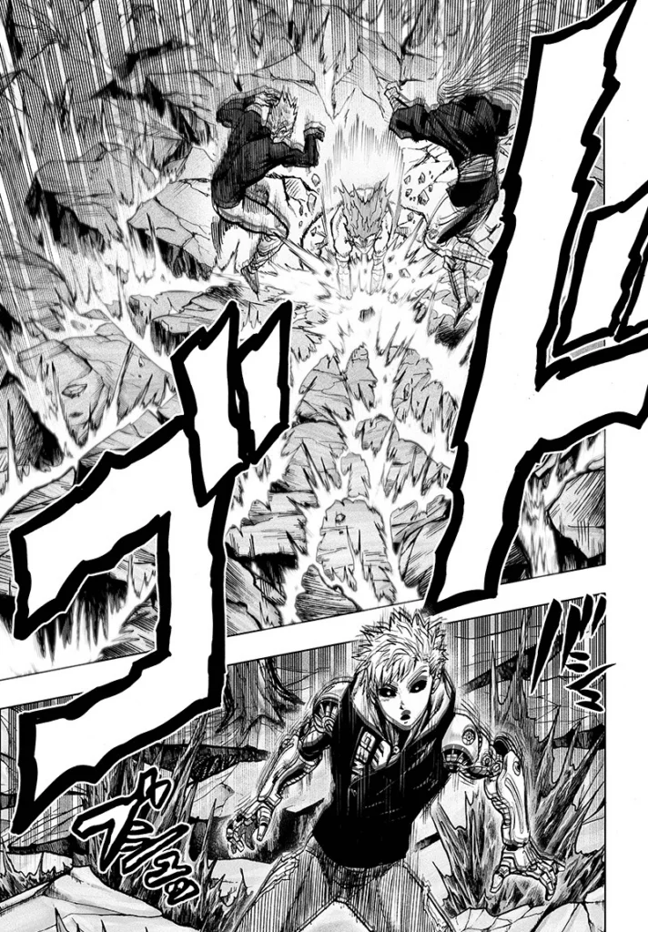 Garou smashes and breaks the ground around him, shocking Bang, Bomb, and Genos.