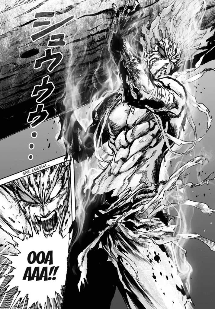 Garou, whose body is now emitting an aura, starts swinging the huge tree.