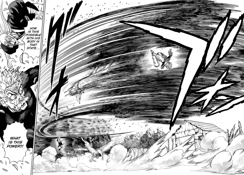 Garou jumps and swings the tree so hard at Bang and Bomb, but they jump and dodge.