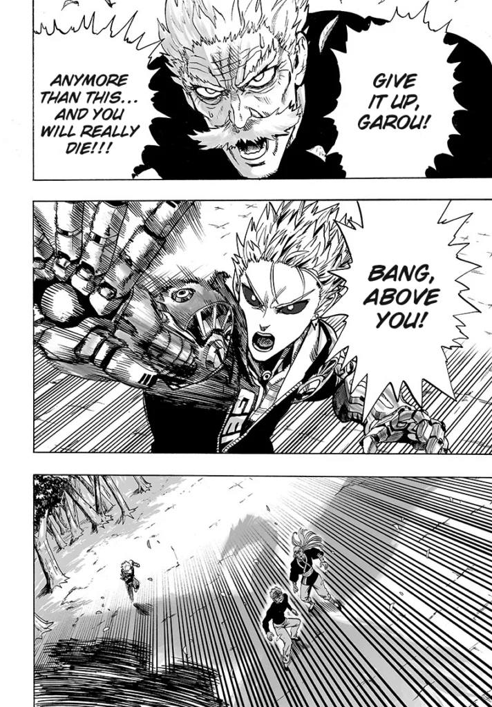 Bang tells Garou to give up while Genos warns them of something approaching from the sky and casting a shadow at them.