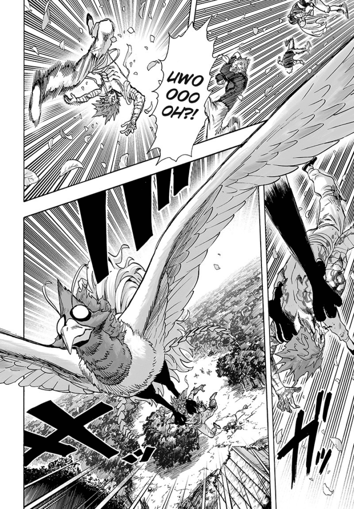 Garou, Bang, Bomb, and Genos get blown away. The monster bird snatches Garou up, and they escape flying.