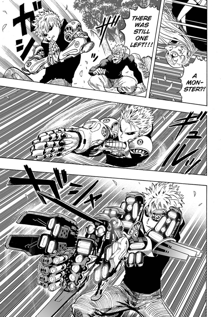 Bang and Bomb land and are surprised at the monster's appearance. Genos aims his arms at the bird and prepares to fire.