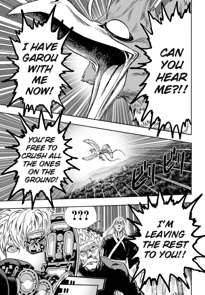 The monster bird calls for someone to crush everyone on the ground. Bang and Bomb watch while Genos aims.