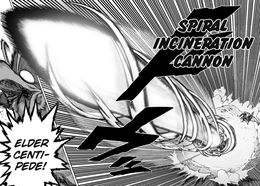 Genos fires using his "Spiral Incineration Cannon" attack while the monster bird calls Elder Centipede.