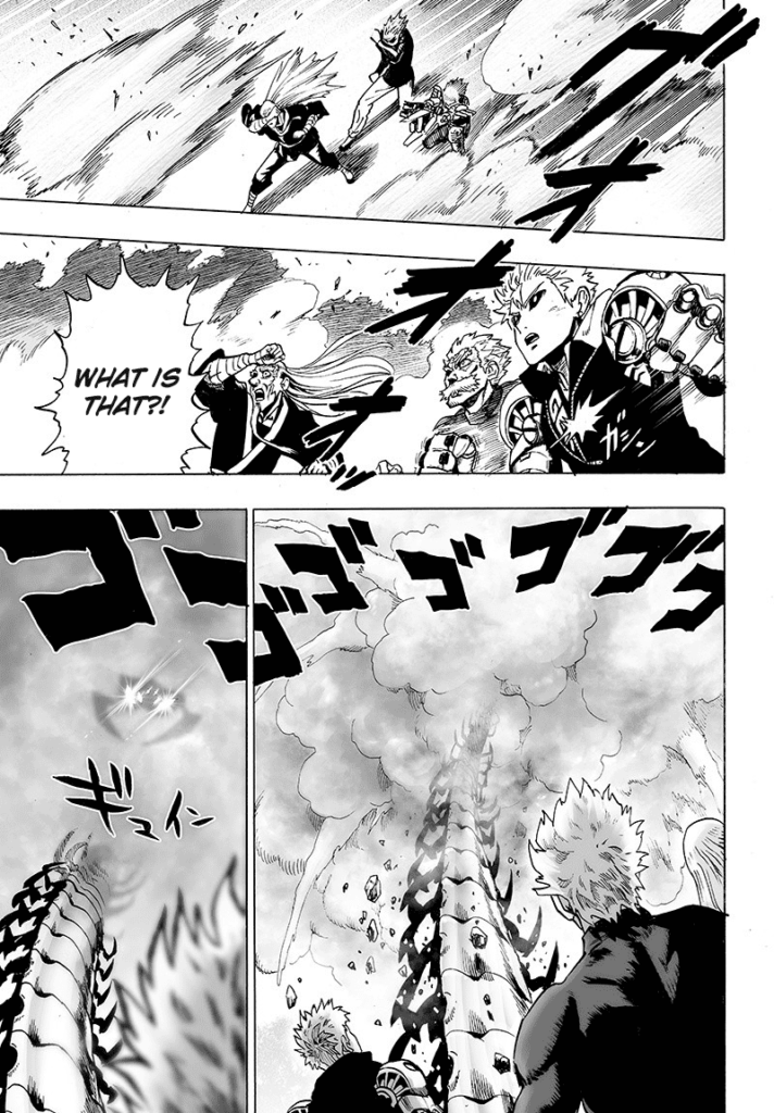 Bang, Bomb, and Genos brace for the shockwave as they see a towering centipede behind the smoke.