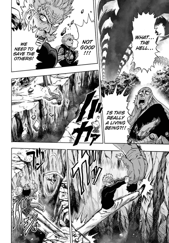 The giant centipede passes on top of them as Bang and Genos try to rescue the unconscious heroes nearby from falling.