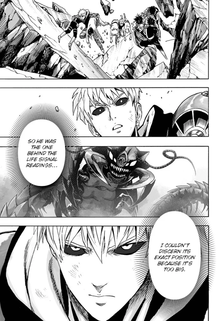 Bang, Bomb, and Genos move away from the breaking ground while carrying the heroes to safety. Genos analyzes the monster.