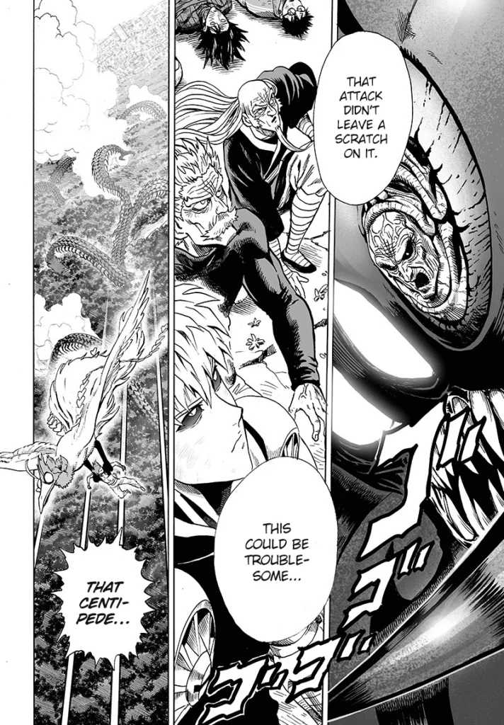 The monster has an old man's face. Genos, Bang, and Bomb look up while the monster bird that rescues Garou flies away.