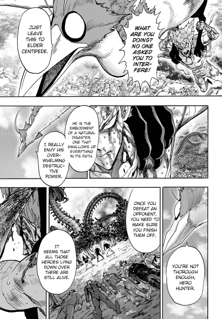 Garou complains about why the monster bird rescues him. The monster bird says that the heroes he defeated are still alive.