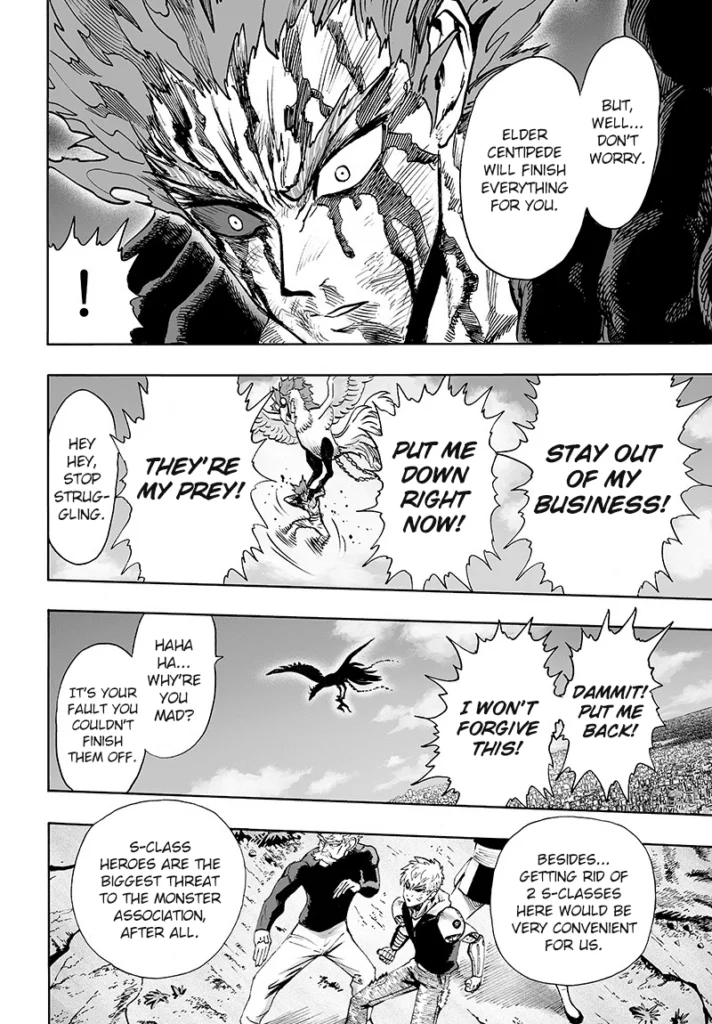 Garou tells the monster bird to put him down as they watch Bang, Bomb, and Genos on the ground.