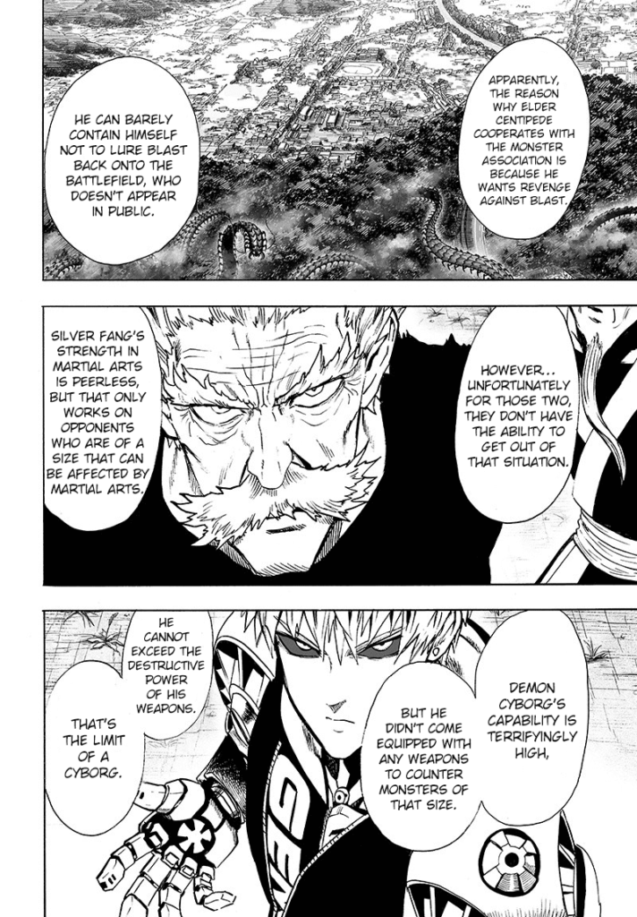 The long body of Elder Centipede crawls across the forest, with Bang and Genos seriously planning to defeat it.