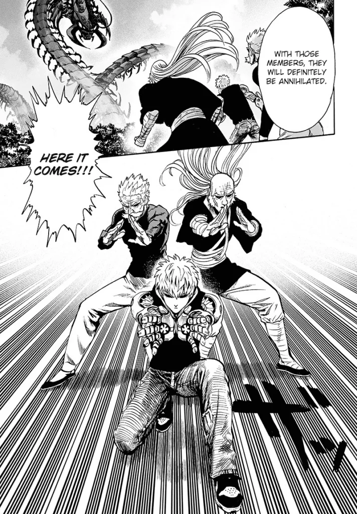 Bang, Bomb, and Genos pose their stance while preparing for the monster centipede to attack him.