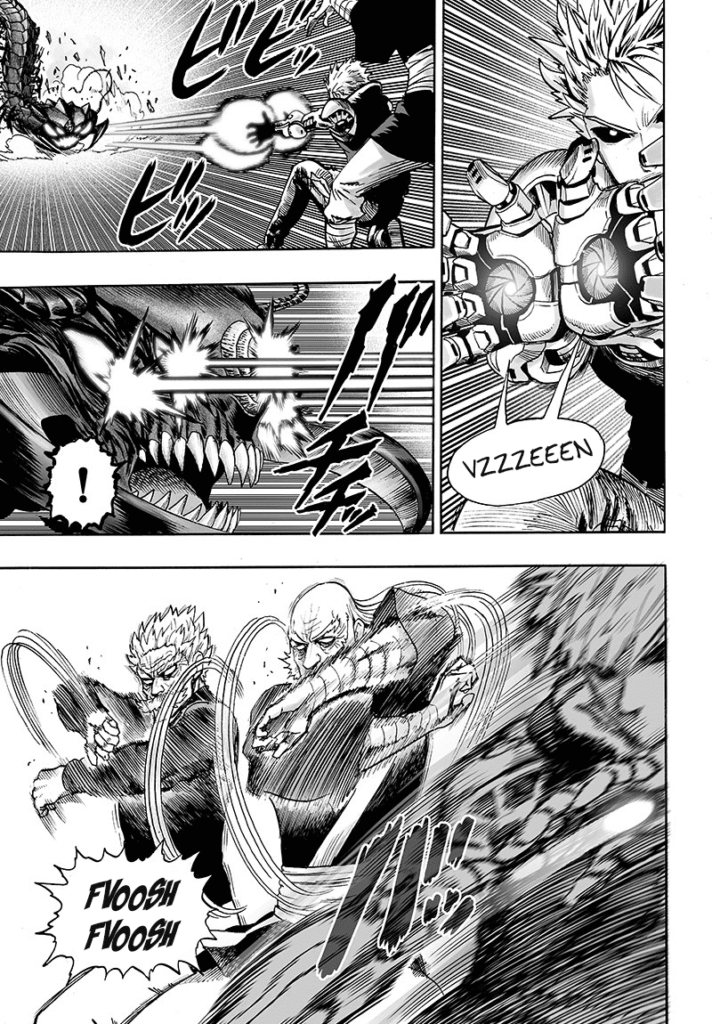 Genos fires his energy blast at Monster Centipede while Bang and Bomb wave their arms to fight the monster.