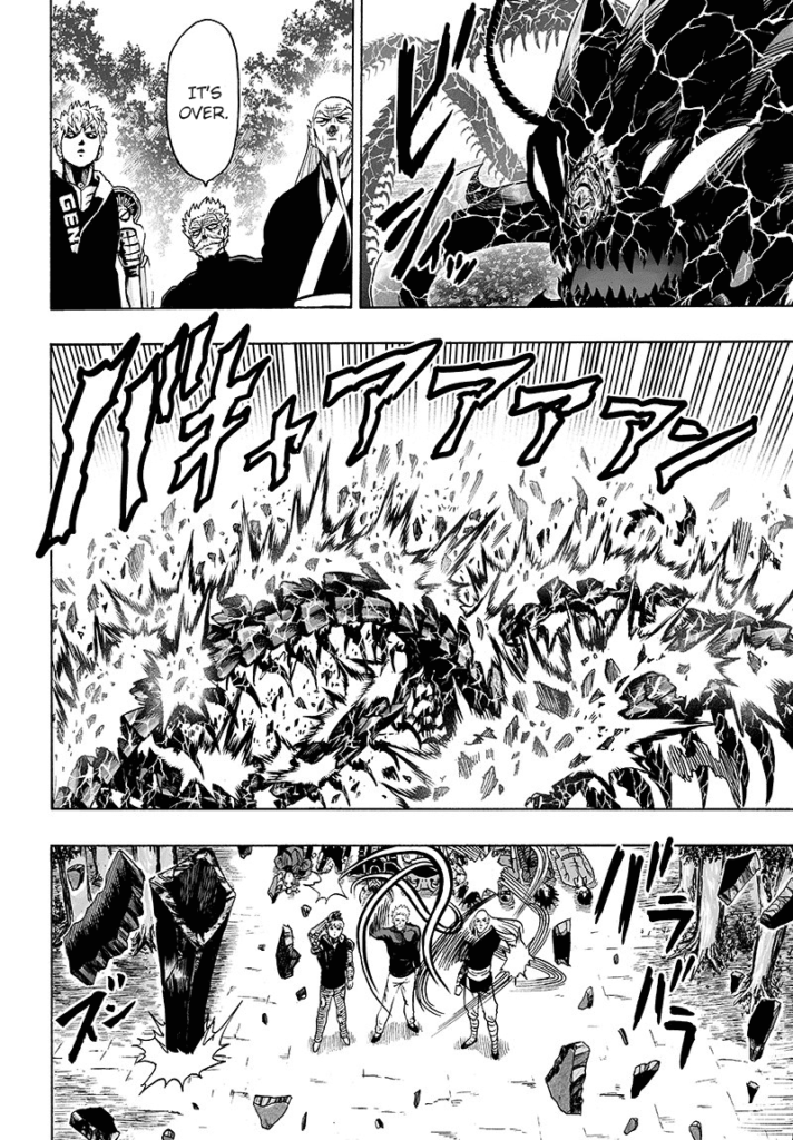 Bang, Bomb, and Genos watch as the exoskeleton of Elder Centipede breaks.