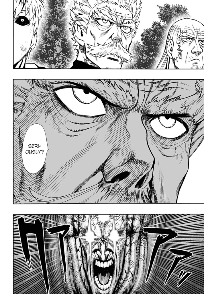 Bang, Bomb, and Genos look serious as Elder Centipede shouts, and his eyes glow.