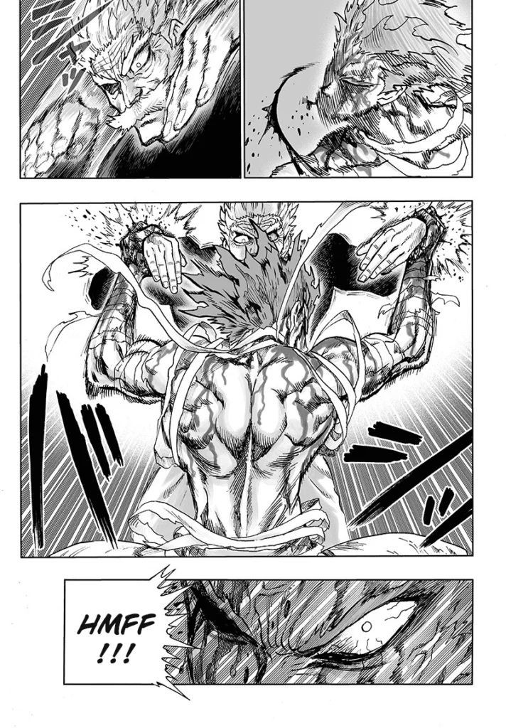 Garou holds Bang's two hands to stop his attacks.