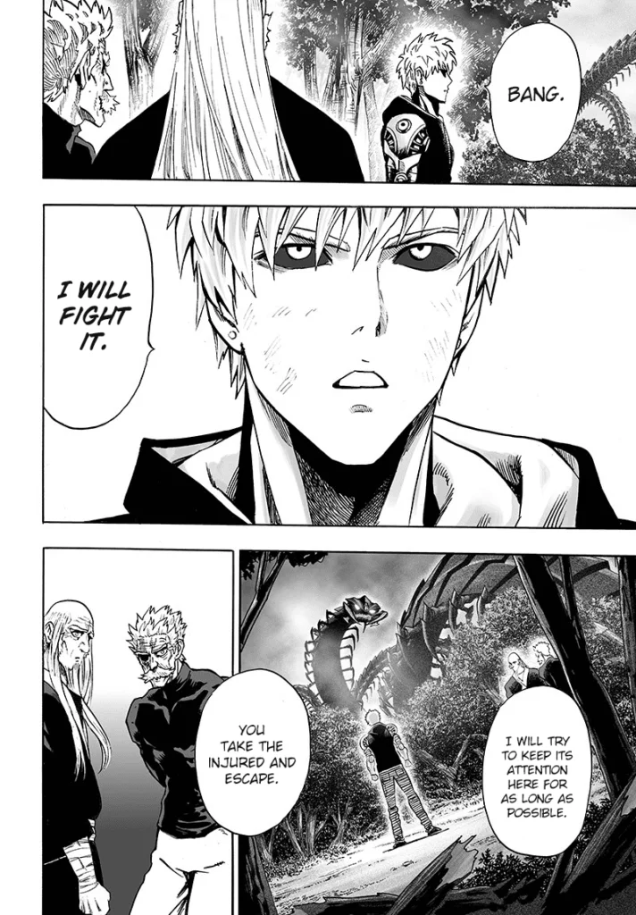 Genos tells Bang that he will fight the monster while the two escape.