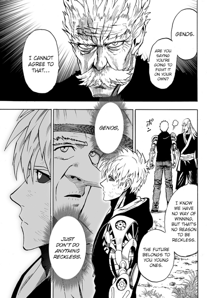 Bang seriously tells Genos not to be reckless and disagrees with his plan.