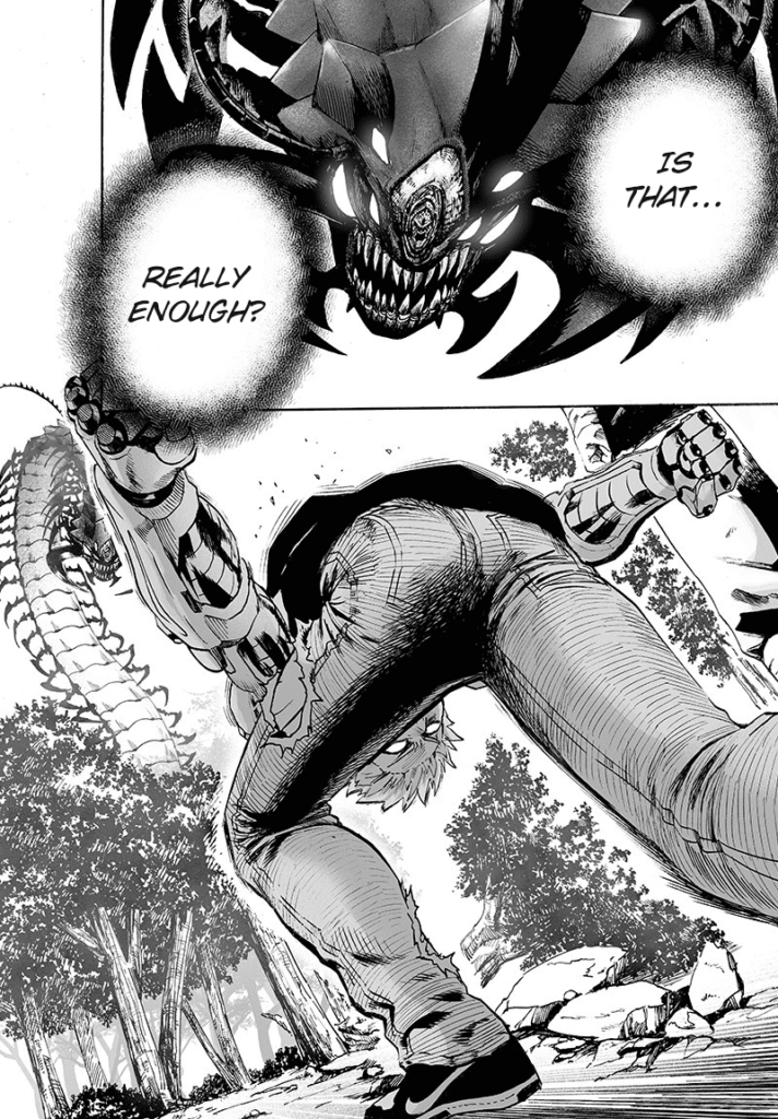 Genos crouches as he prepares to attack while Elder Centipede looks at them.