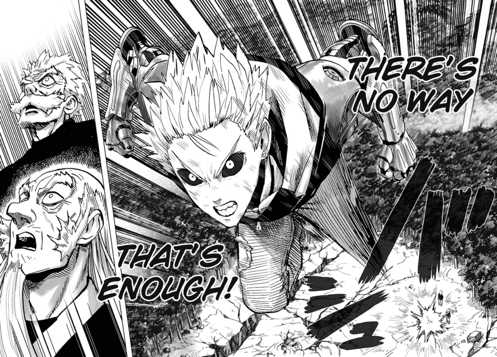 Genos jumps while Bang and Blast look surprised.