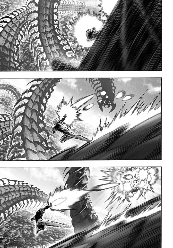 Genos runs across Elder Centipede's body while hitting its face with energy blasts.