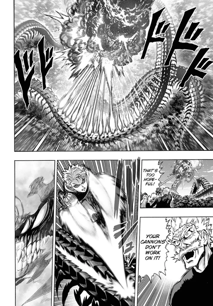 Genos keeps firing his energy blast at Elder Centipede's face while running through its body.
