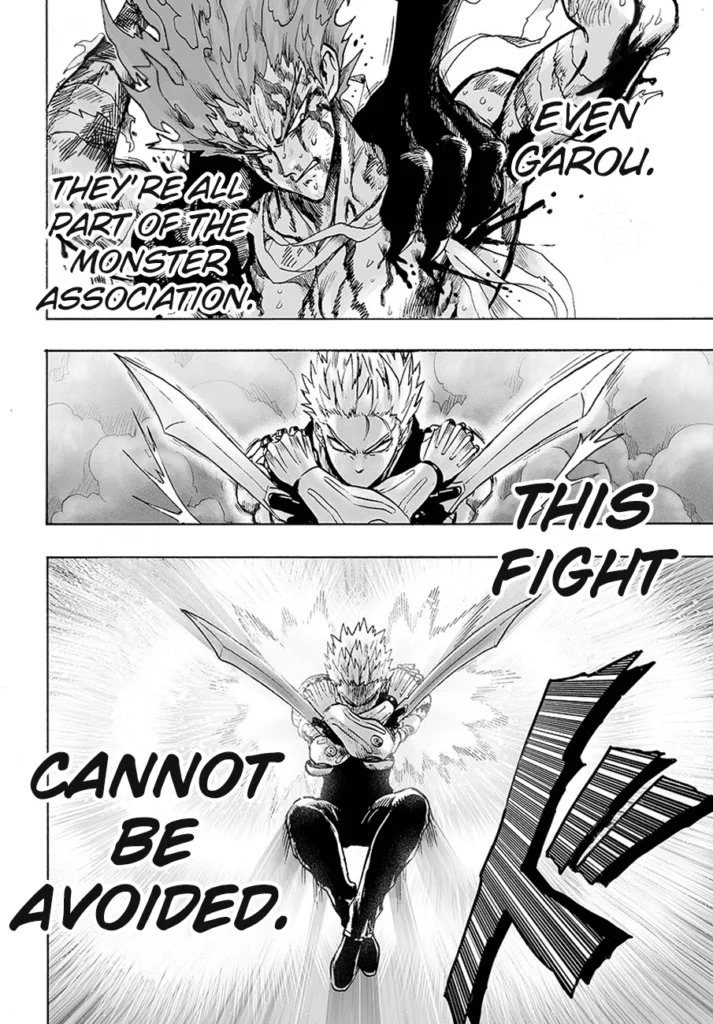 Garou watches while bloodied. Genos activates the two blades on his arms while crossing them to his chest.