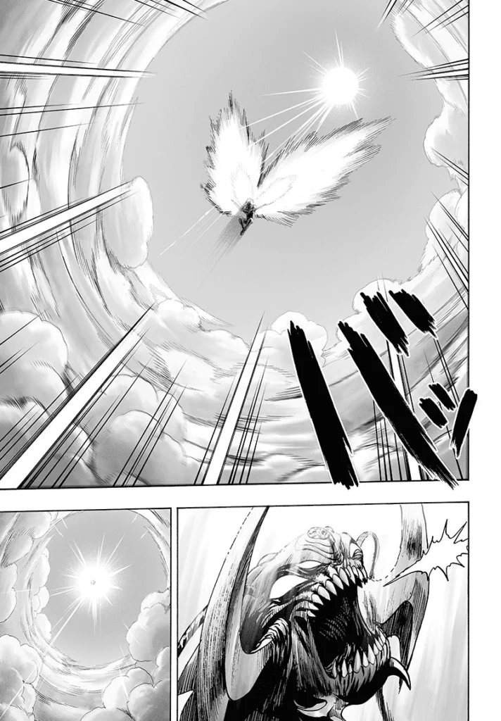 Genos blasts down from the sky while Elder Centipede watches him, blinded by a strong light.