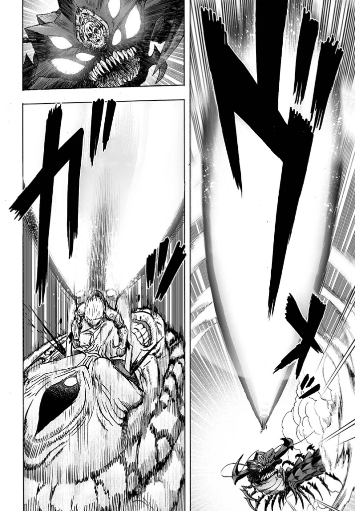 With boosters on his back, Genos lands on Elder Centipede's face and pierces its eyes.