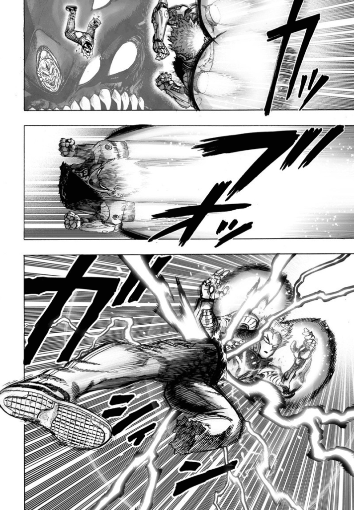 Genos activates his booster on his back and reconnects his lower body while preparing for a kick.