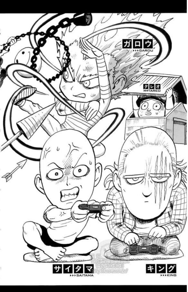 Chibi image of Saitama, King, Garou fighting, and Tareo inside the wooden shed.