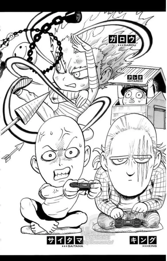 Chibi image of Saitama, King, Garou fighting, and Tareo inside the wooden shed.