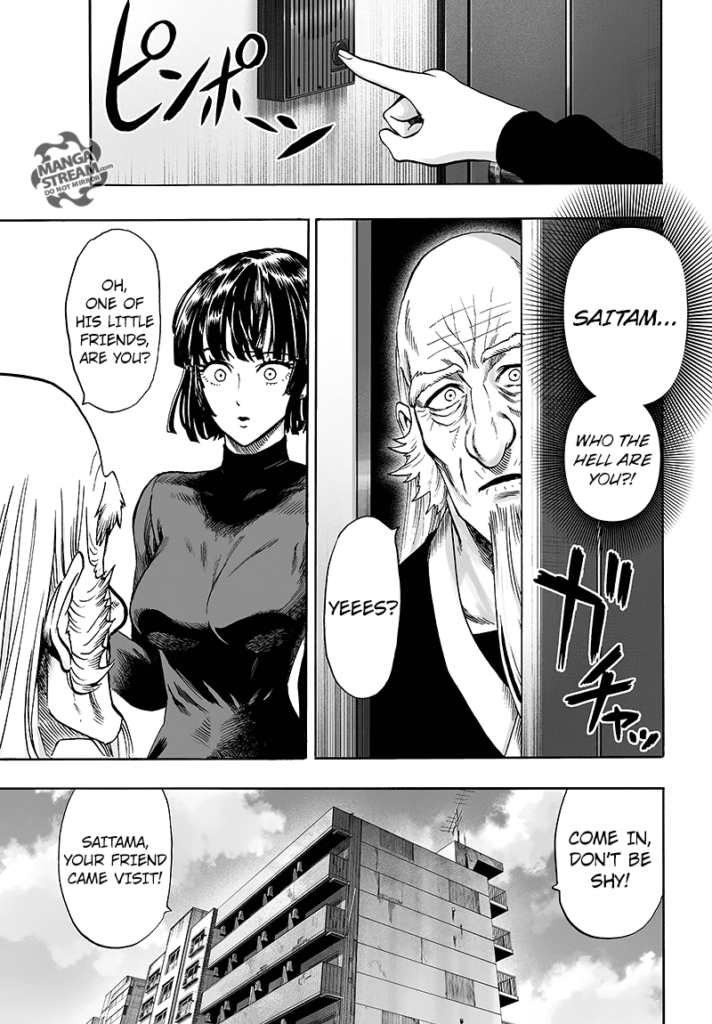 Fubuki rings the doorbell, and Bomb opens the door. She gets invited inside Saitama's apartment.